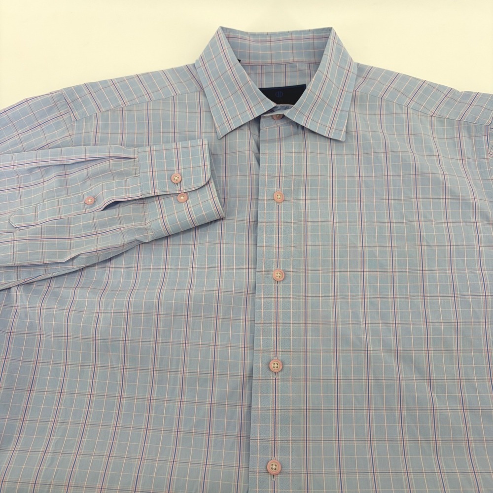 David‎ Donahue Fusion Performance Mens 16 M/L Blue Pink Plaid Stretch Shirt
